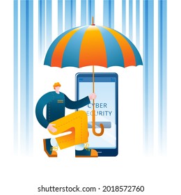 Un hombre con un paraguas protege su teléfono móvil de ataques de hackers. El concepto de una ilustración vectorial sobre el tema de la ciberseguridad y la ciberdefensa.