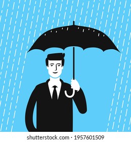 Man with umbrella and rain. Business concept in flat style vector illustration