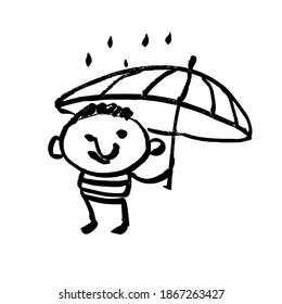 A man with an umbrella in the rain. Funny cartoon character. Hand-drawn caricature, Doodle. Black and white vector illustration.