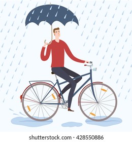 Man with umbrella riding on a  bicycle under the rain. Cycling in rainy weather. Hand drawn cartoon illustration.