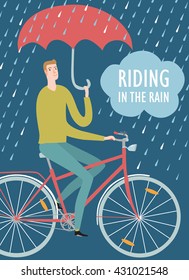 Man with umbrella riding on a  bicycle under the rain. Riding in rain title. Hand drawn cartoon illustration.