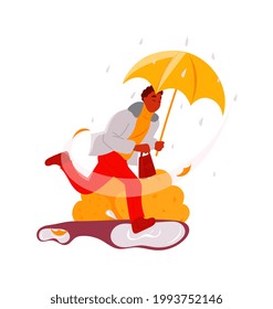 Man with umbrella rushing under rain windy bad fall weather