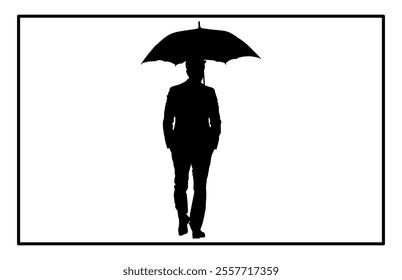 Man with umbrella silhouette art. man walking under the rain storm wind with umbrellas silhouette, 
