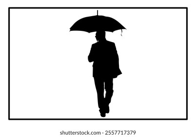 Man with umbrella silhouette art. man walking under the rain storm wind with umbrellas silhouette, 
