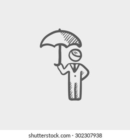 Man with umbrella sketch icon for web and mobile. Hand drawn vector dark grey icon on light grey background.