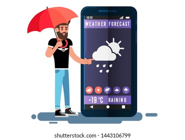 Man with umbrella standing in front of a large smartphone. Weather forecast application. Mobile app. Flat design isolated on white background