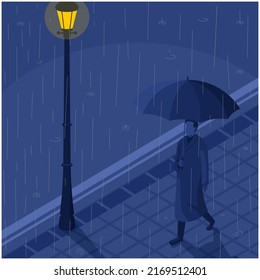 man with umbrella standing under heavy rain at night vector illustration
