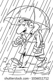 Man with umbrella standing under rain illustration. Vector illustration