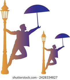 Man with umbrella and street lamp on white background. Vector illustrationIllustration of a couple dancing the tango.