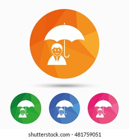 Man with umbrella symbol. Triangular low poly button with flat icon. Vector