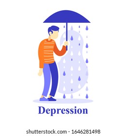 Man with umbrella under rain, depression concept, unhappy person, unlucky or miserable, pessimism thinking, indifferent to life, vector flat illustration