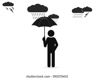 Man with Umbrella Under the Rain. Vector Illustration