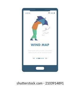 Hombre con paraguas camina con fuerte viento y lluvia tormentosa. Ilustración vectorial para la aplicación de mapa de viento en un smartphone o banner de teléfono móvil.