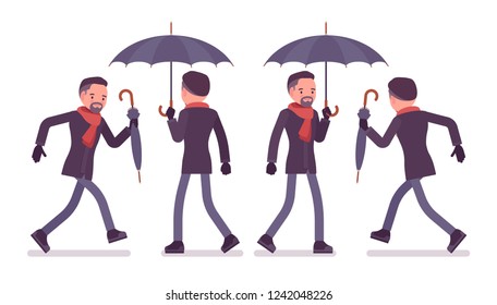 Man with umbrella walking and running, wearing autumn clothes, classic short coat and accessories. Fall outfits for men concept. Vector flat style cartoon illustration isolated on white background