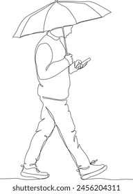 Hombre con paraguas caminando y usando el teléfono en Clima lluvioso. Vista lateral. Dibujo de línea continua. Ilustración vectorial en blanco y negro en estilo line art.