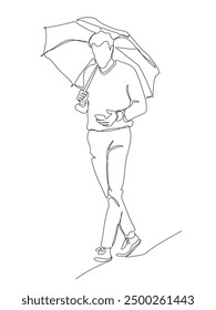 Man with umbrella walking and using phone on rainy day. Continuous line drawing. Black and white vector illustration in line art style.
