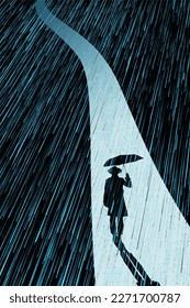 A man with an umbrella walks a curving road at night in the rain in this vector illustration.