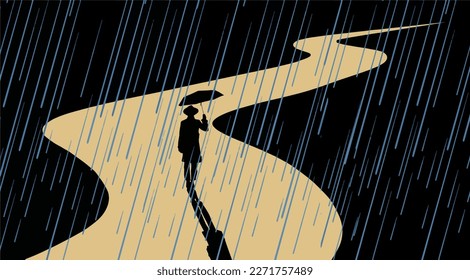 Un hombre con un paraguas camina bajo la lluvia por la noche en una sinuosa carretera bajo la lluvia en esta ilustración vectorial.