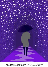 Man with umbrella walks under the night starry sky. Vector Illustration