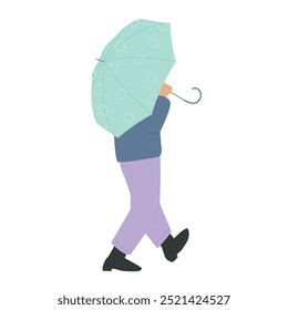 Man with umbrella and warm clothes walking down city street, rear view vector illustration