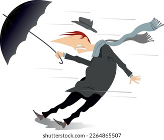 Man, umbrella and windy and rainy day. 
Funny man with umbrella staying on the strong wind and lost his hat. Isolated on white background

