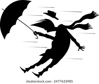 Man, umbrella and windy and rainy day. Art silhouette.
Funny man with umbrella staying on the strong wind and lost his hat. Black and white
