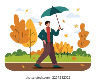 Man with umbrella. Young guy walks through autumn park with falling yellow leaves and rainfall. Cold and windy weather concept. Poster or banner for website. Cartoon flat vector illustration