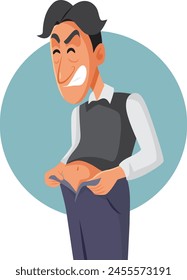 
Hombre Incapaz de Zip Pantalones Tener un Problema de Vientre Ilustración vectorial. Hombre estresado tratando de encajar en sus pantalones teniendo una Grande cintura 
