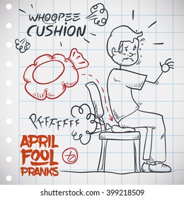 Man unaware of whoopee cushion sits on it an gets embarrassed, classic prank for April Fools' Day draw in a notebook.