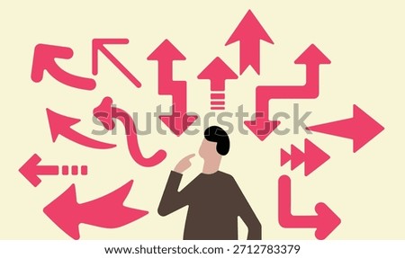 Man uncertain in many arrow directions surrounding him, uncertainty in decision-making illustration