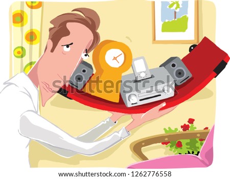 Man undecided on home design. Thinking on where to put the objects in his house . A shelf full of objects