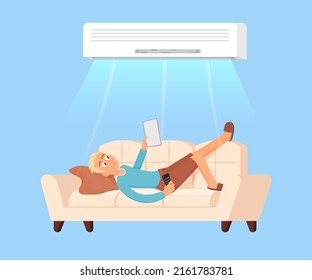 Man Under Air Conditioning. Guy Rest On Sofa With Tablet And Cooling. Hot Summer, Conditioned Room. Comfort Climate Control At Heat Decent Vector Concept