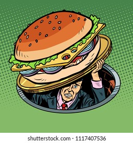 man under fast food burger. Pop art retro vector illustration vintage kitsch drawing