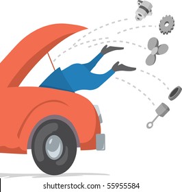 Man under hood, attempting to fix a car.