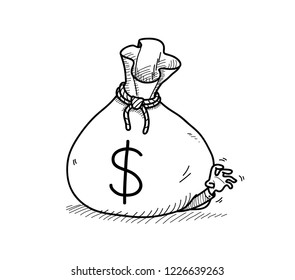 Man under a huge money bag with dollar symbol, a hand drawn vector doodle illustration of financial concept.