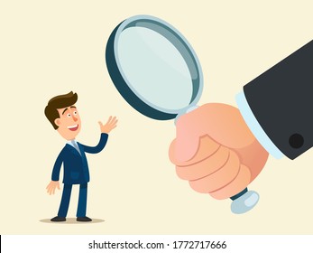 Man under magnifying glass, big hand holding a loupe. A worker under supervised of chief. Business vector illustration, flat cartoon style, isolated background.
