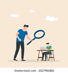 Man under magnifying glass. Concept of employee monitoring by boss, hand with magnifying glass. Vector illustration.