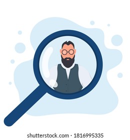 A man under a magnifying glass. People search concept, open vacancies and HR. Vector.
