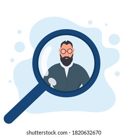 A man under a magnifying glass. People search concept, open vacancies and HR. Vector.