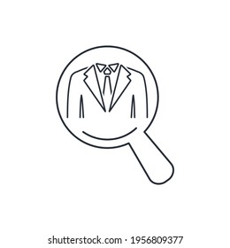 A man under a magnifying glass. Study human activities. Find out the truth about politics, businessman. Vector linear icon isolated on white background.