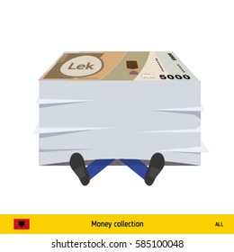 Man under the pack of money banknotes. Albanian lek banknote vector illustration.