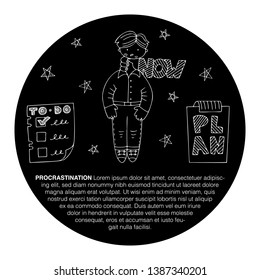 Man under the pressure of time and deadline, with text. Word Now lettering. Illustration for articles about time management and procrastination.