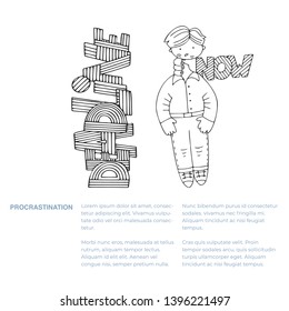 Man under the pressure of time and deadline, with text. Word Now lettering. Illustration for articles about time management and procrastination.