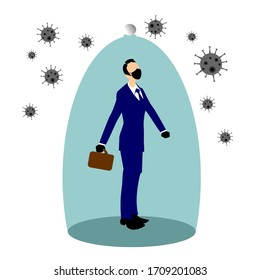 A man under a protective cap, prevention of corona virus infection. Dangerous virus risk illustration
