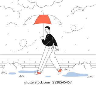 Man under rain line concept. Young guy with umbrella walk outdoor. Autumn and fall season. Character at park. Leisure and recreation. Cold and wet weather. Cartoon flat vector illustration