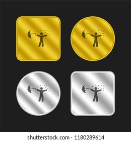 Man under rain loosing umbrella gold and silver metallic coin logo icon design