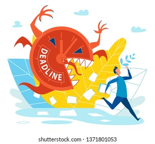 Man is Under Severe Stress Due to Deadline Flat. For Man Chasing Terrible Creature with Inscription Deadline. Catch up Lost Time, Employee Working Under Stress. Vector Illustration.