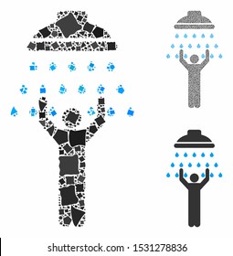 Man under shower composition of abrupt pieces in different sizes and color tints, based on man under shower icon. Vector tremulant pieces are grouped into composition.