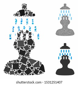 Man under shower composition of raggy items in different sizes and color tints, based on man under shower icon. Vector irregular items are composed into collage.