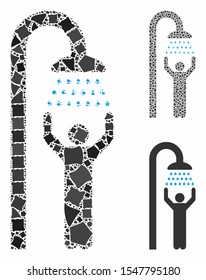 Man under shower composition of trembly parts in various sizes and color tinges, based on man under shower icon. Vector ragged parts are united into composition.